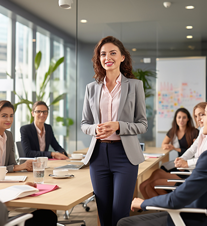 A confident woman in a blazer stands and smiles at the head of a modern conference room table, surrounded by colleagues in business attire, with papers, coffee cups, and a whiteboard in the background.