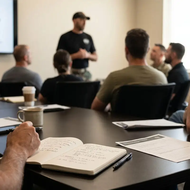 A group of people sitting at a table with notebooks and coffee cups, attentively listening to a person standing and speaking at the front of the room in a classroom or training setting.