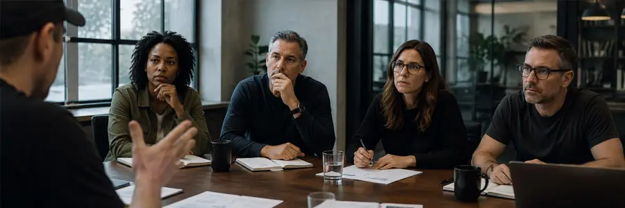 Five people sit at a conference table with notebooks, laptops, and drinks, listening attentively to someone speaking off camera. Large windows provide natural light in the modern office setting.