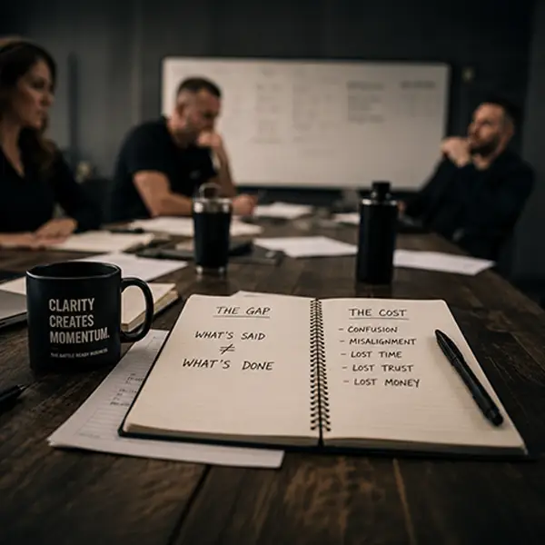 A notebook on a conference table displays notes labeled “The Gap: What’s Said vs What’s Done” and “The Cost: Confusion, Misalignment, Lost Time, Lost Trust, Lost Money.” Three people sit in the background, blurred.