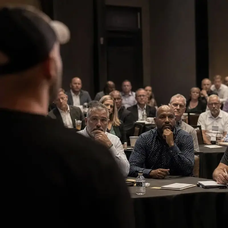 A speaker addresses a group of attentive adults seated at tables in a conference room. Most people are focused on the speaker, listening intently. The room has dim lighting and a professional setting.
