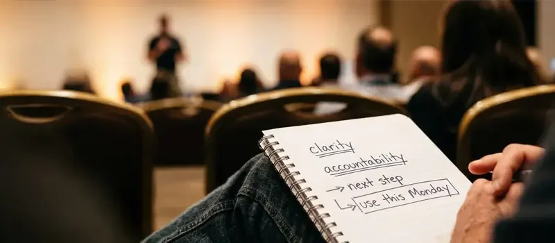 Person holding a notebook with handwritten words: clarity, accountability, next step, use this Monday, while sitting in an audience at a presentation—perfect for noting client feedback or collecting testimonials from the event.